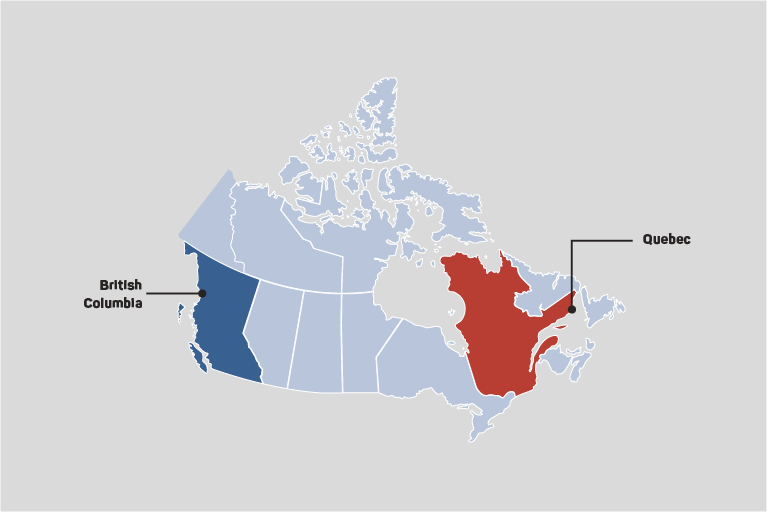 Map of Canada with British Columbia and Quebec highlighted
