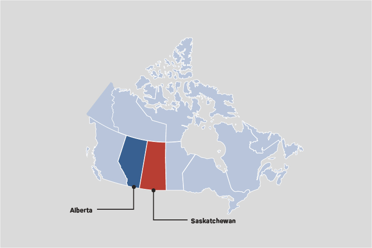 Map of Canada with Alberta and Saskatchewan highlighted