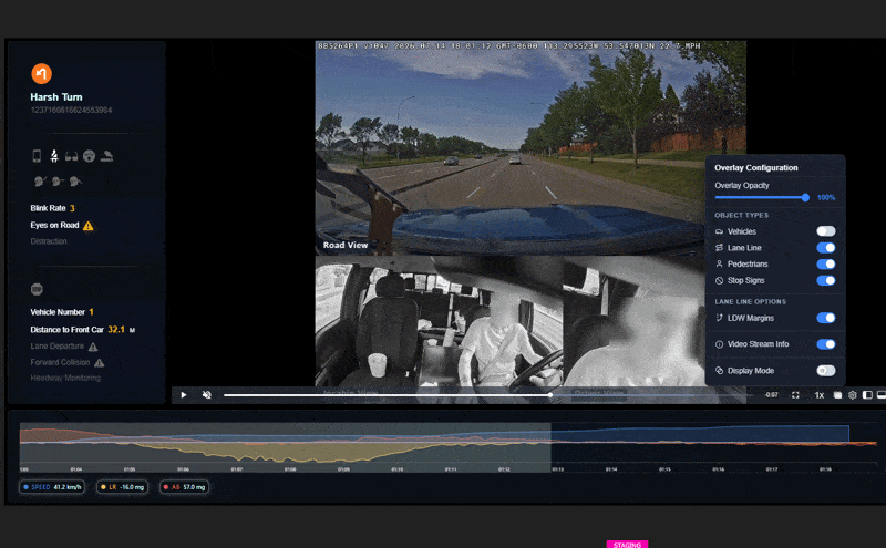 Animated demonstration of Adaptive Overlay displaying lane markings on recorded dashcam footage, with the lane overlay toggled on and off.
